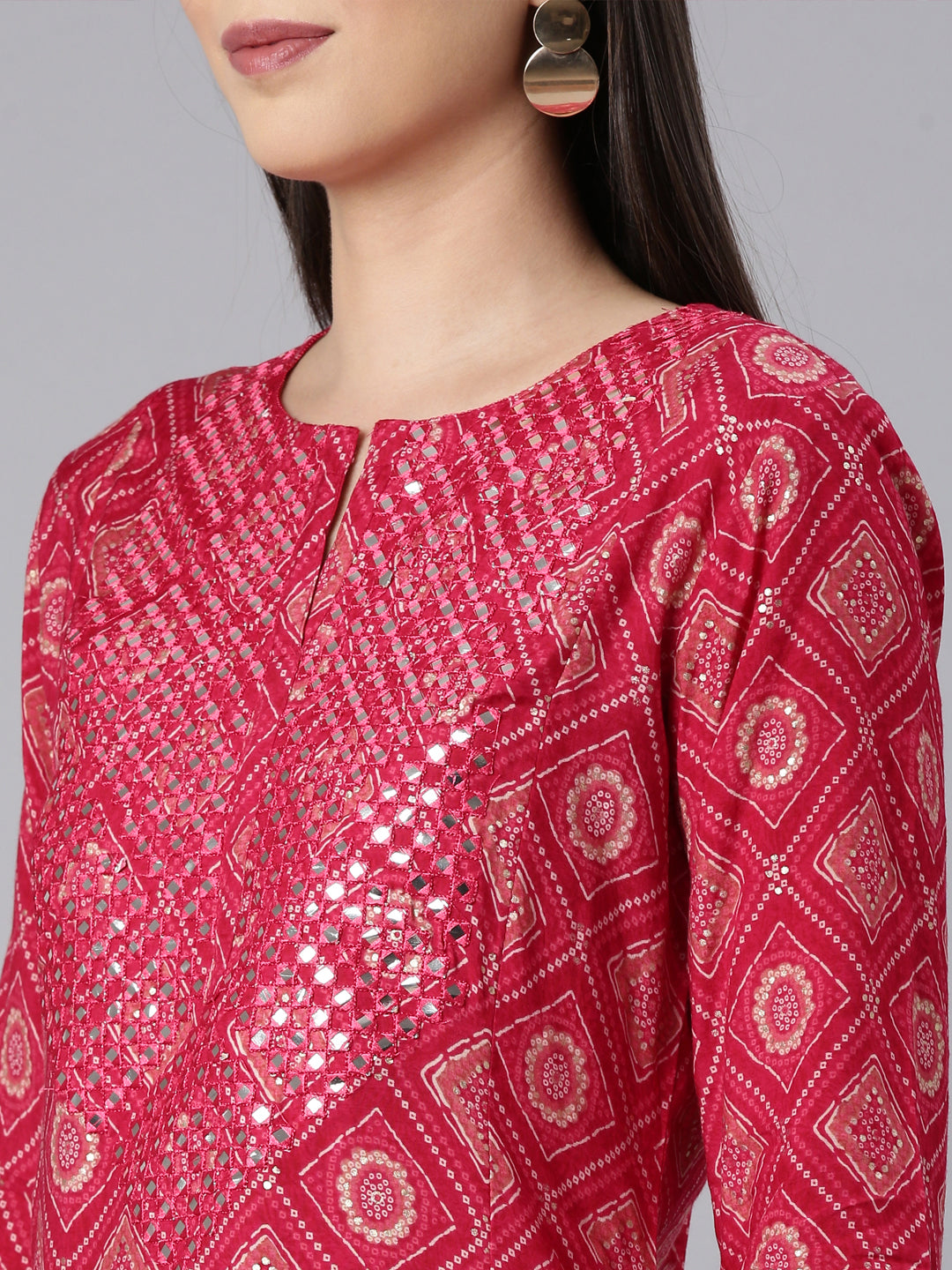 Neerus Red rayon Bandhani printed straight kurti - detail view 2