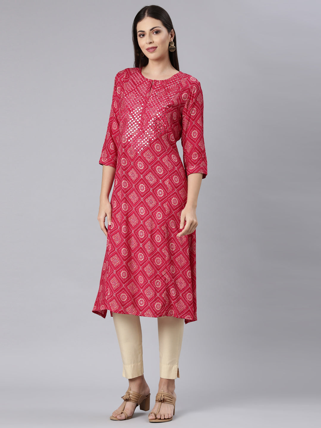 Neerus Red rayon Bandhani printed straight kurti - back view
