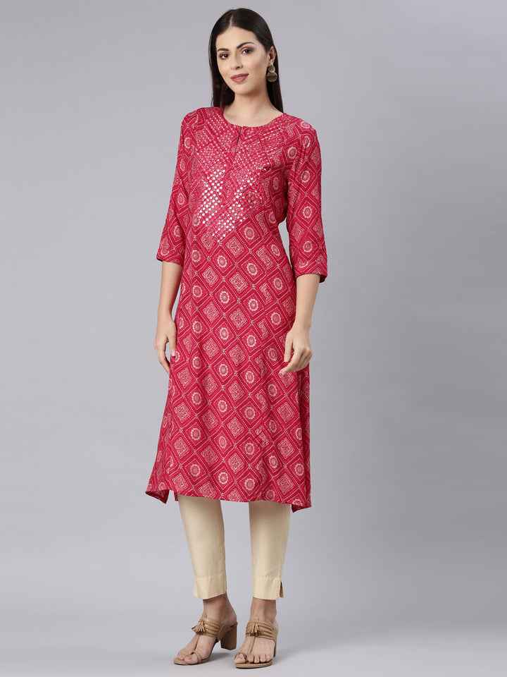 Neerus Red rayon Bandhani printed straight kurti - back view