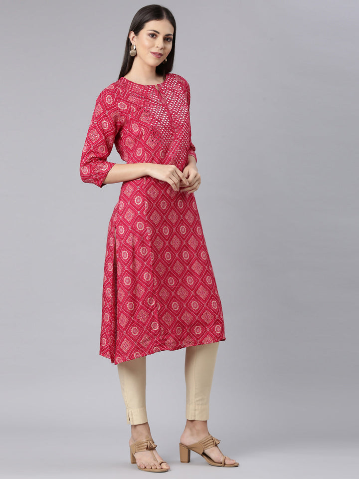 Neerus Red rayon Bandhani printed straight kurti - side view