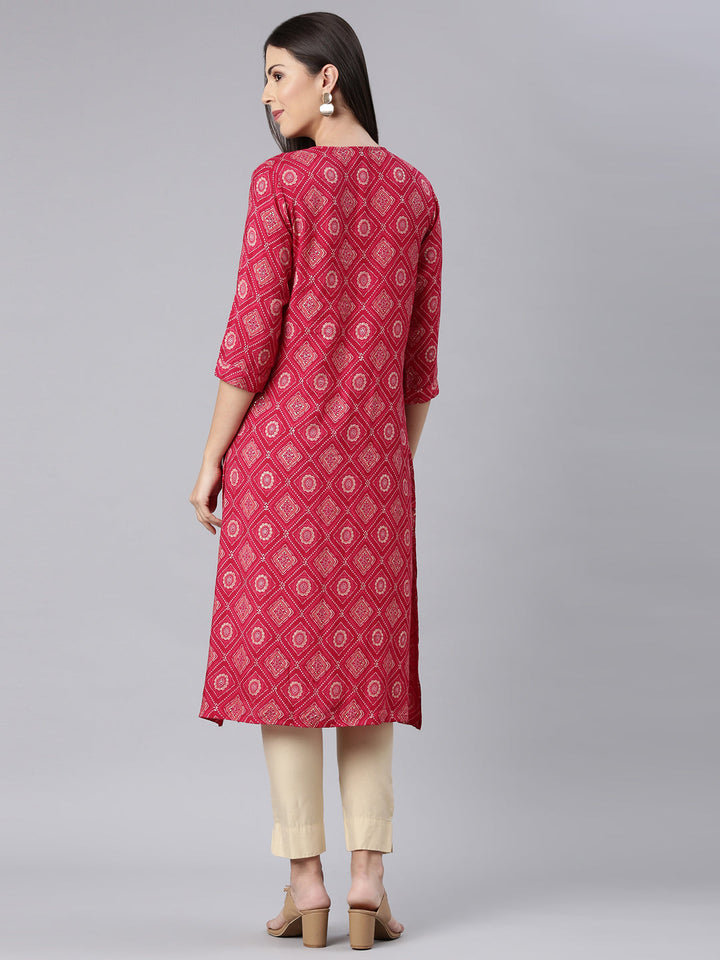 Neerus Red rayon Bandhani printed straight kurti - detail view 1