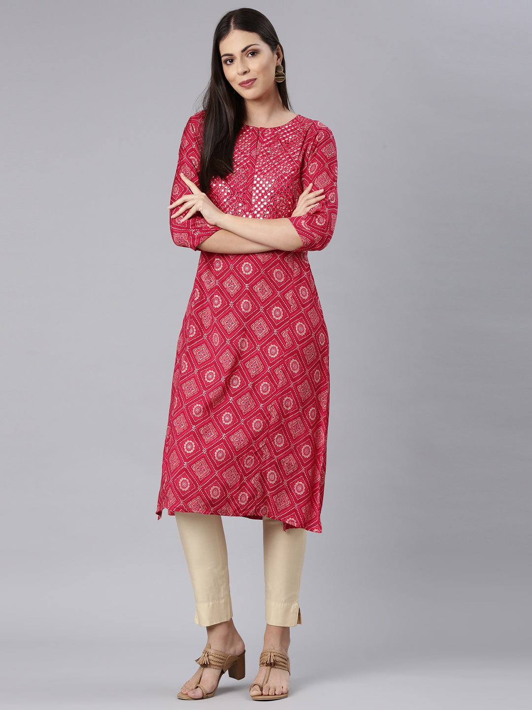 Neerus Red rayon Bandhani printed straight kurti - detail view 3