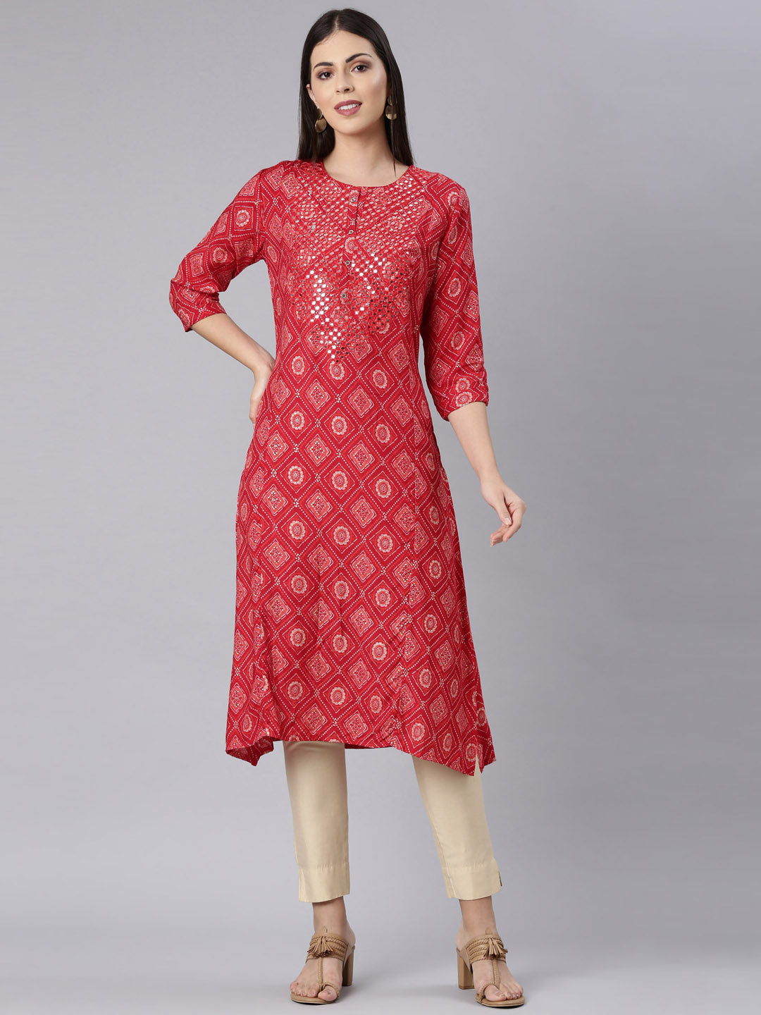 Neerus Red Rayon Bandhani Printed Kurti - front view
