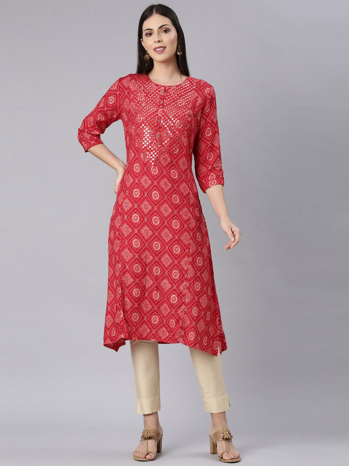 Neerus Red Rayon Bandhani Printed Kurti - front view