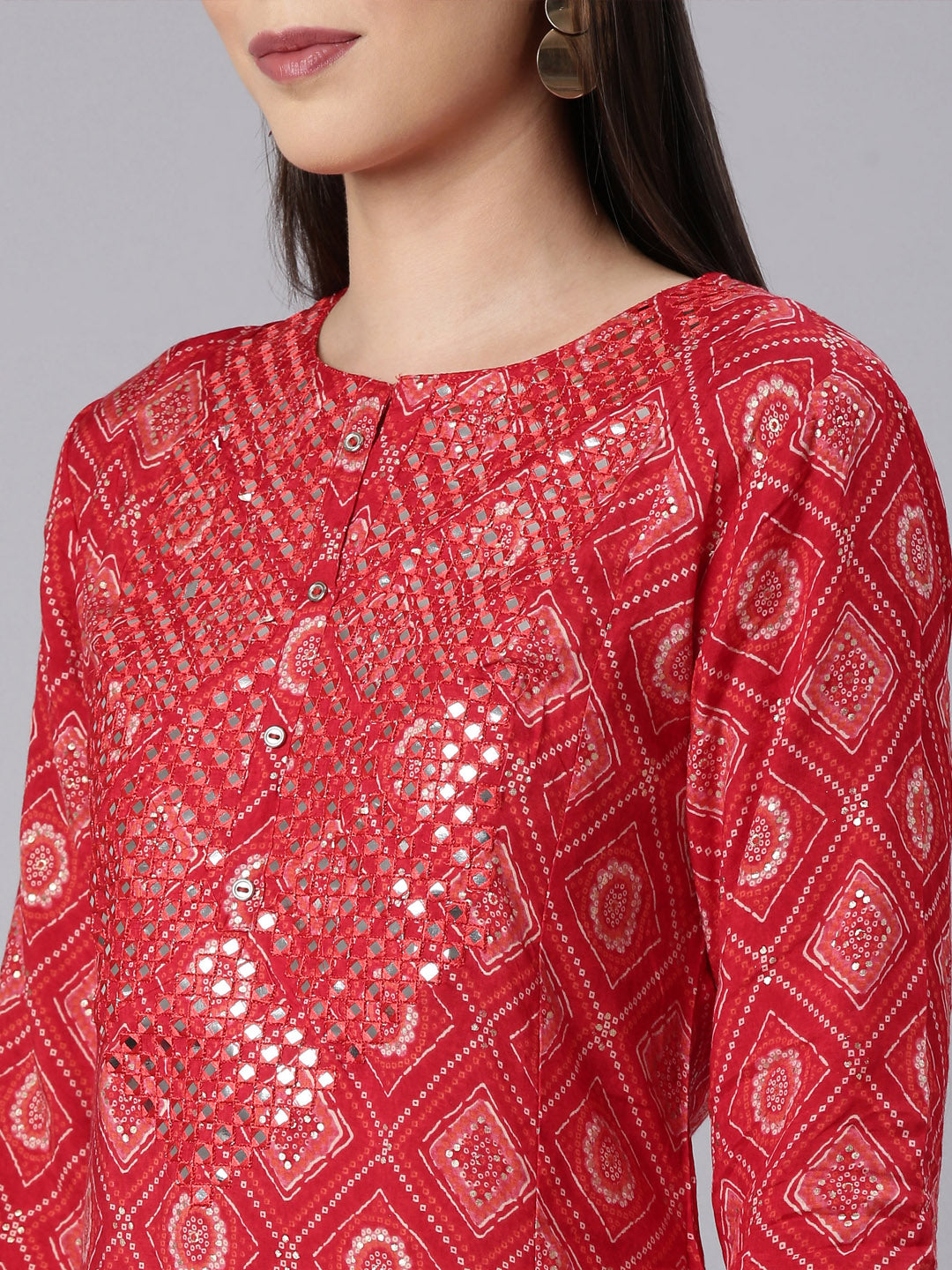 Neerus Red Rayon Bandhani Printed Kurti - detail view 2