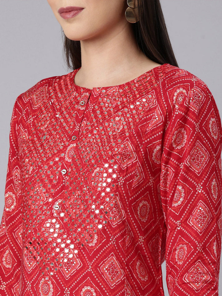 Neerus Red Rayon Bandhani Printed Kurti - detail view 2