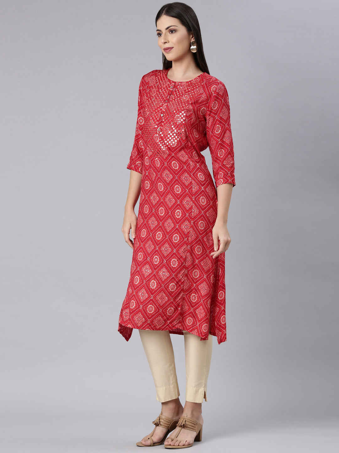 Neerus Red Rayon Bandhani Printed Kurti - back view