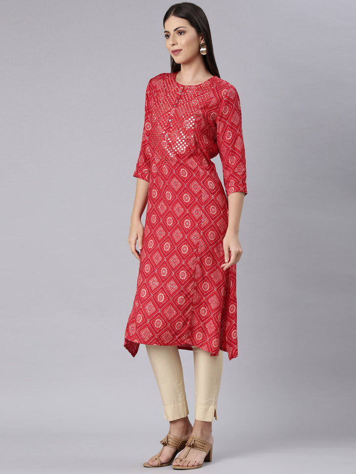 Neerus Red Rayon Bandhani Printed Kurti - back view