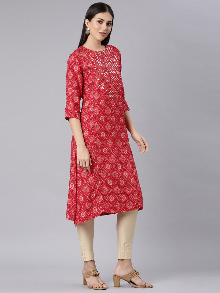 Neerus Red Rayon Bandhani Printed Kurti - side view