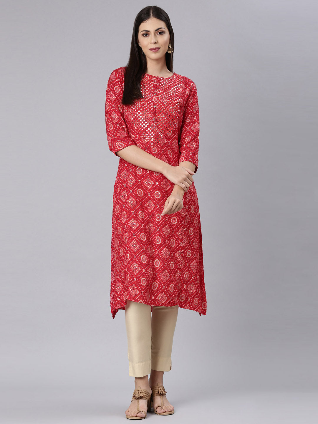Neerus Red Rayon Bandhani Printed Kurti - detail view 3