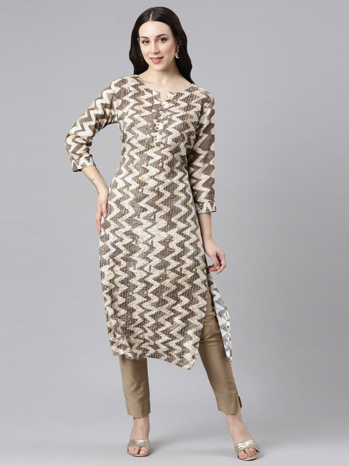 Neerus Brown rayon printed straight kurta - front view