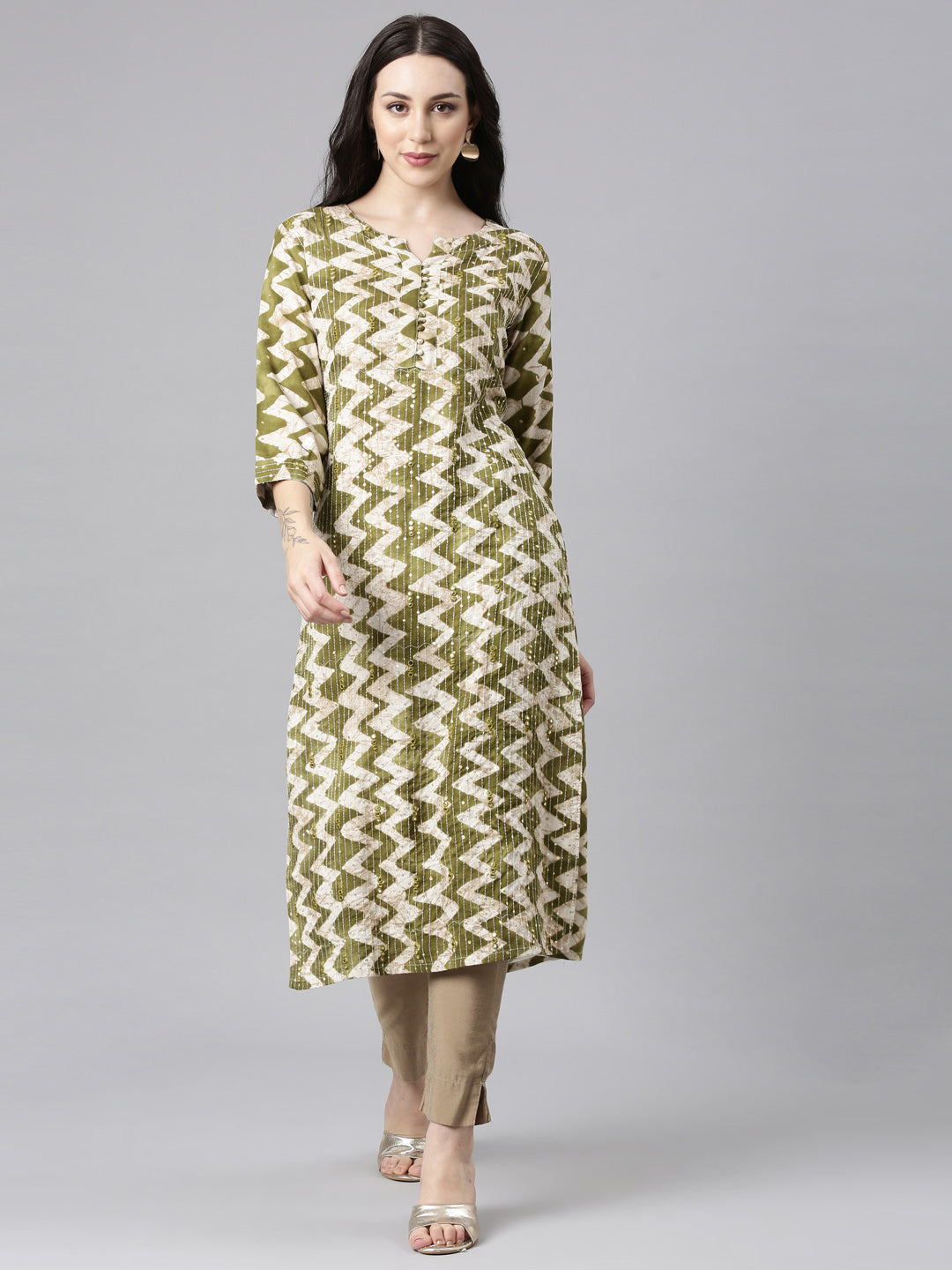 Neerus Green Rayon Printed Kurti Striped Straight - front view