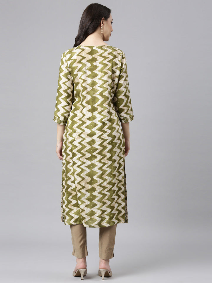 Neerus Green Rayon Printed Kurti Striped Straight - side view