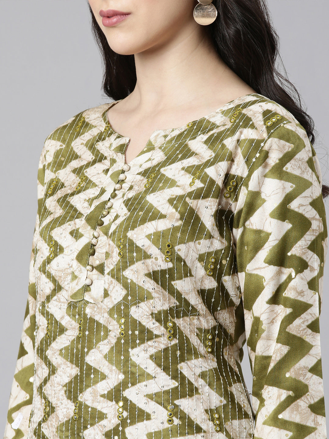 Neerus Green Rayon Printed Kurti Striped Straight - detail view 1