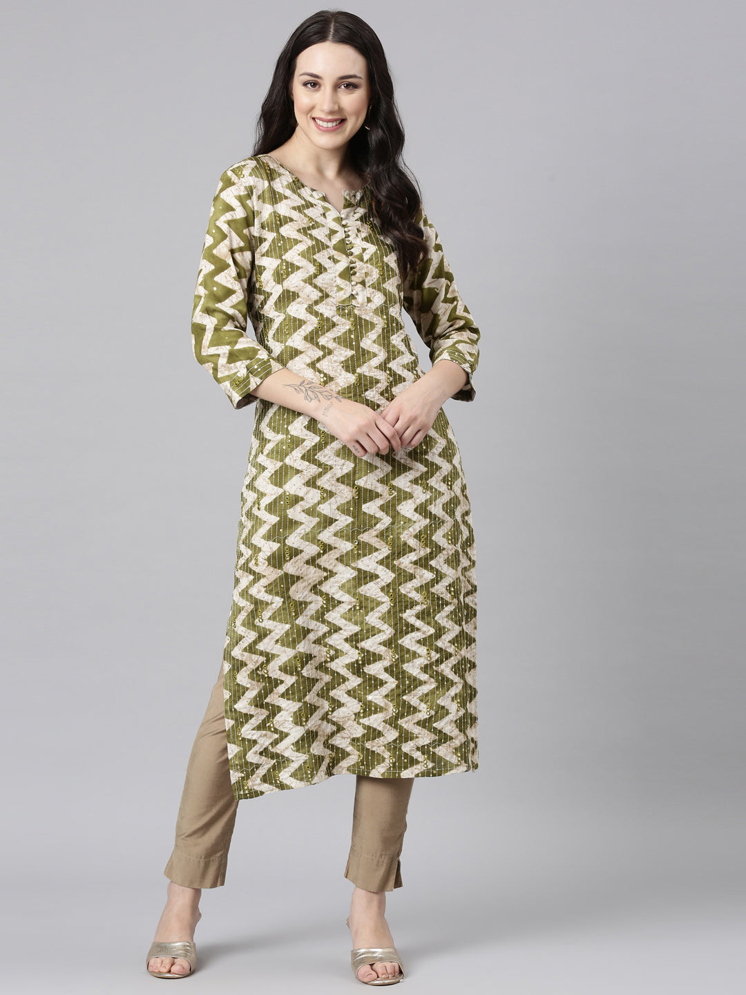 Neerus Green Rayon Printed Kurti Striped Straight - detail view 2