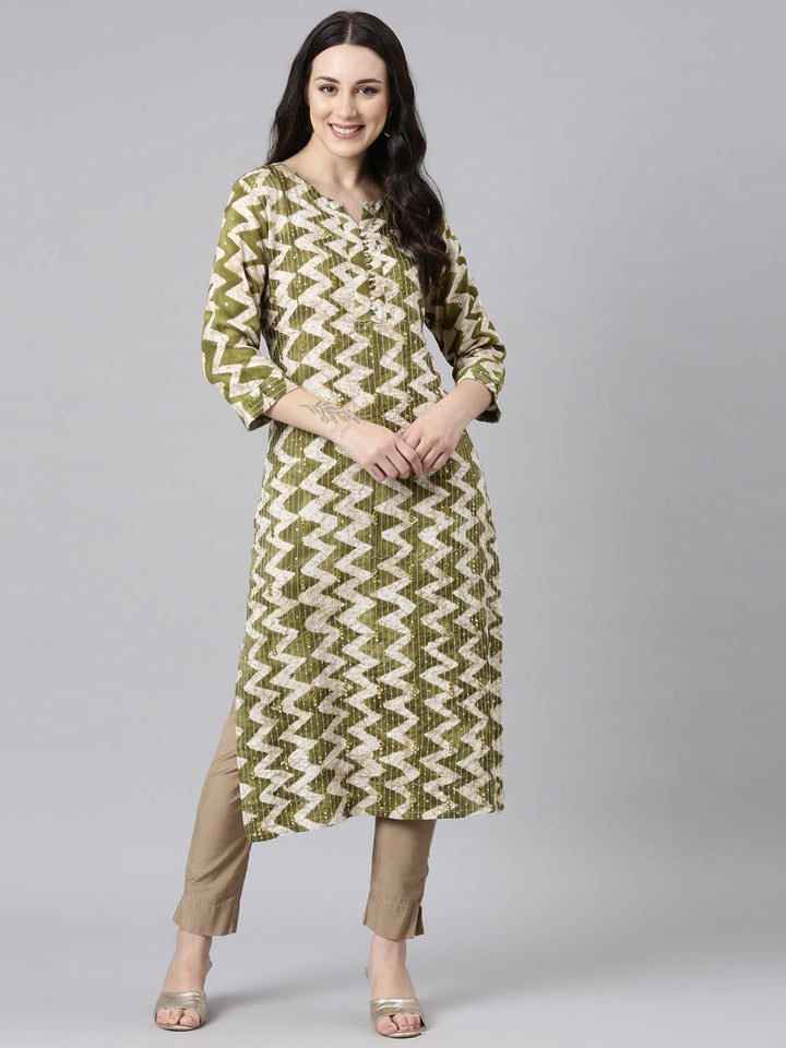 Neerus Green Rayon Printed Kurti Striped Straight - detail view 2