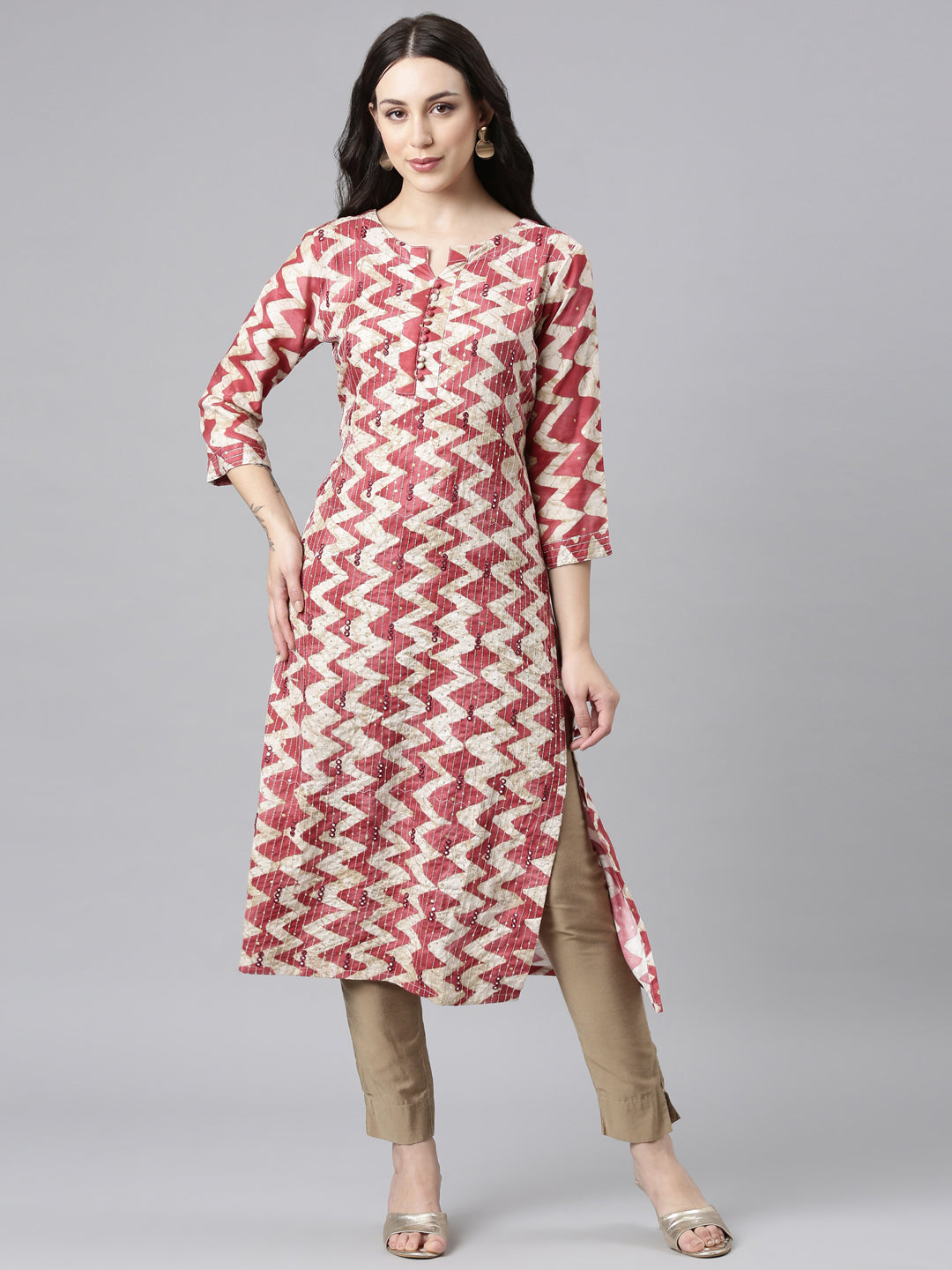 Neerus Orange rayon printed straight kurta - front view
