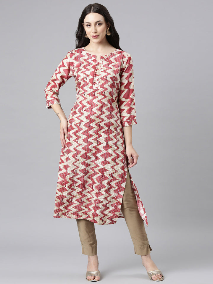 Neerus Orange rayon printed straight kurta - front view
