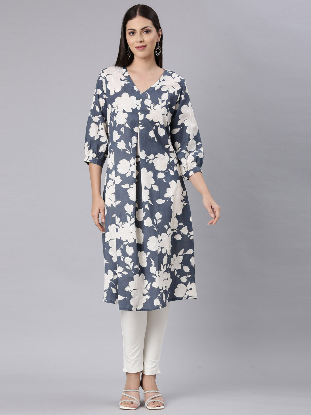 Neerus Grey modal printed anarkali kurta - front view