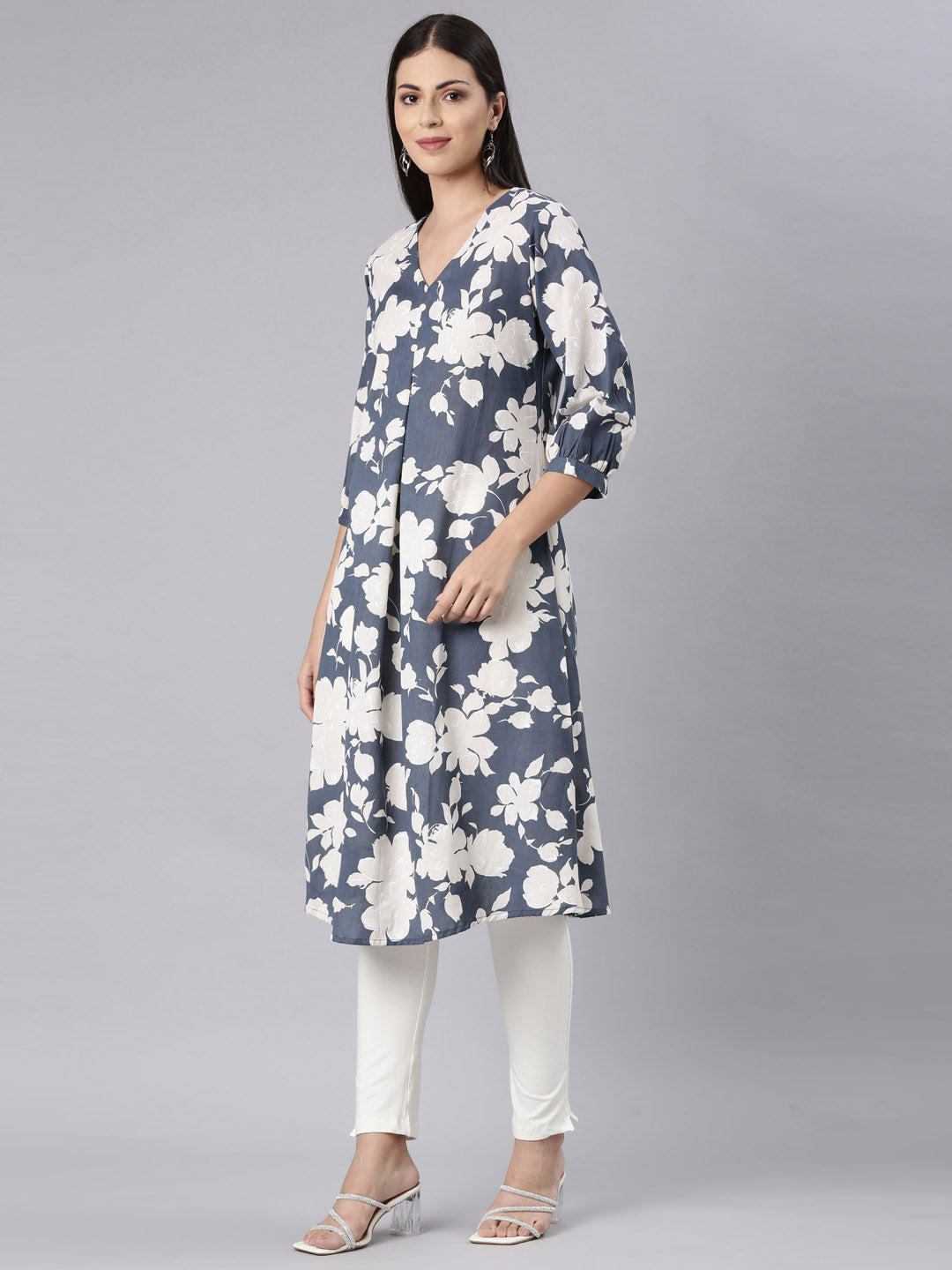 Neerus Grey modal printed anarkali kurta - back view