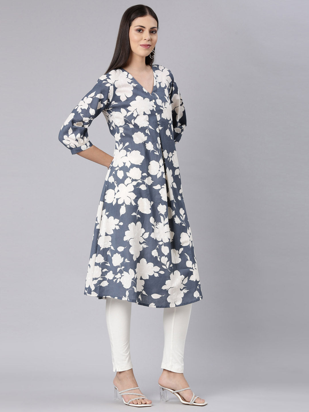Neerus Grey modal printed anarkali kurta - side view