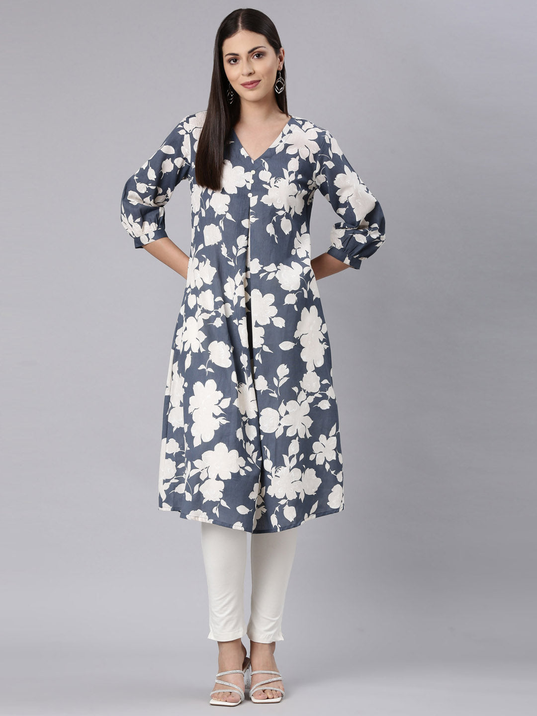 Neerus Grey modal printed anarkali kurta - detail view 3