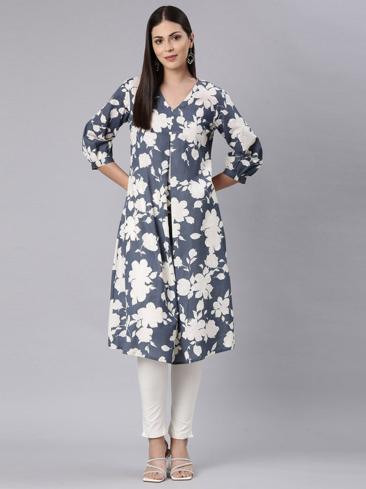 Neerus Grey modal printed anarkali kurta - detail view 3