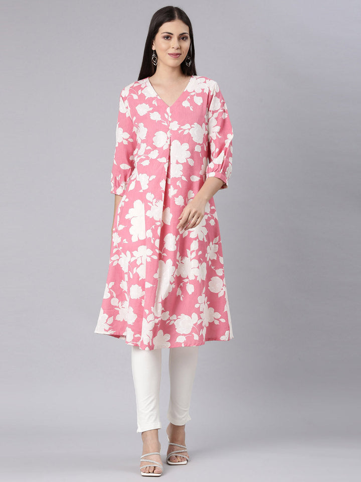 Neerus Pink modal printed anarkali kurta - front view