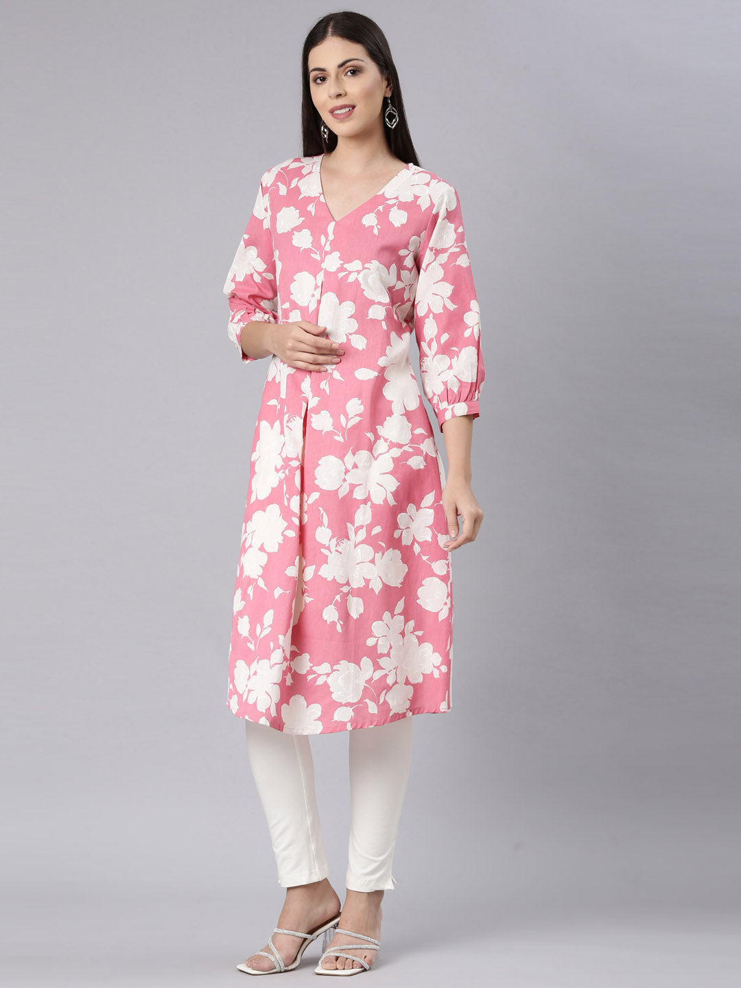 Neerus Pink modal printed anarkali kurta - back view