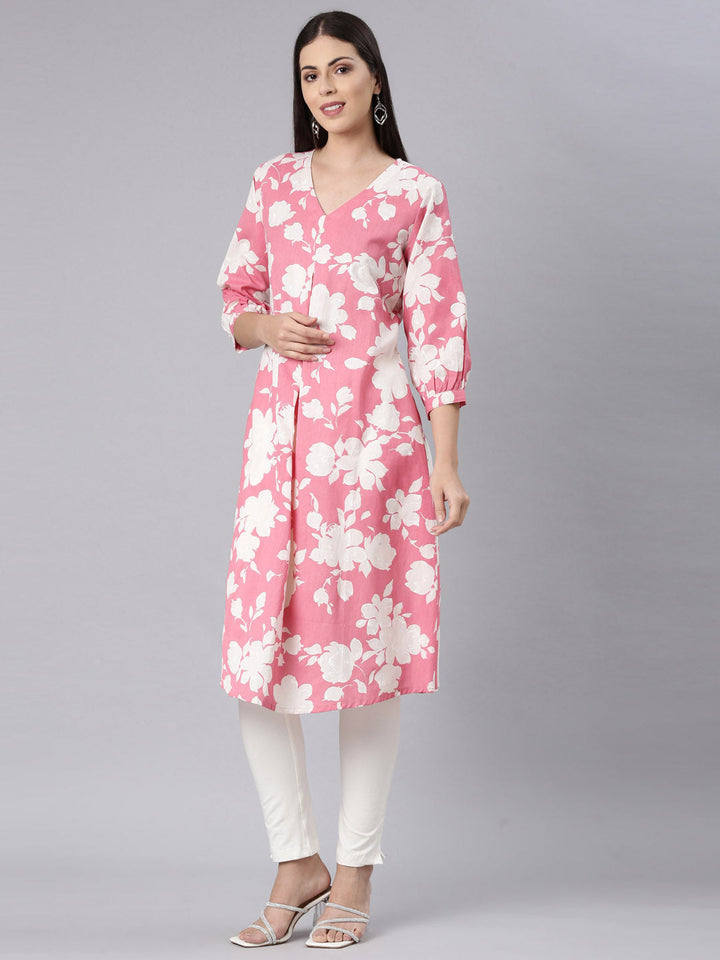 Neerus Pink modal printed anarkali kurta - back view