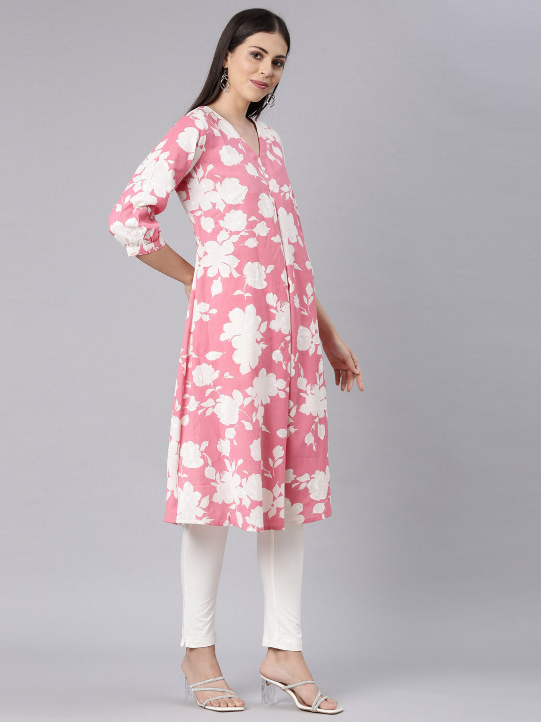Neerus Pink modal printed anarkali kurta - side view