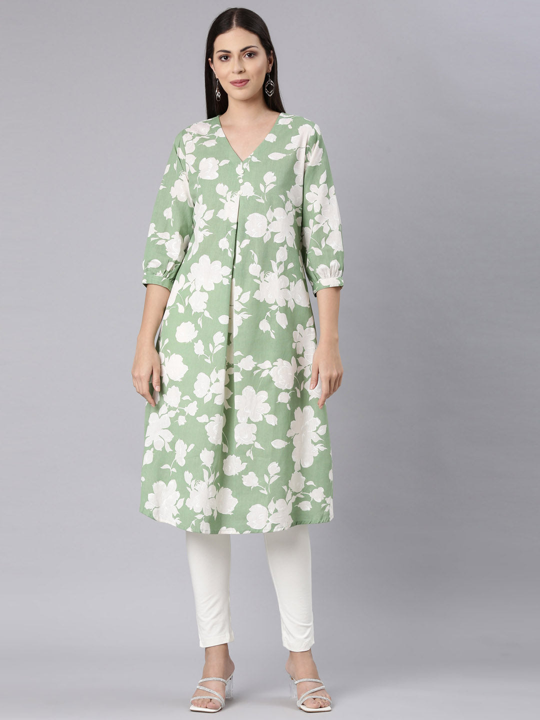 Neerus Green modal printed anarkali kurta - front view