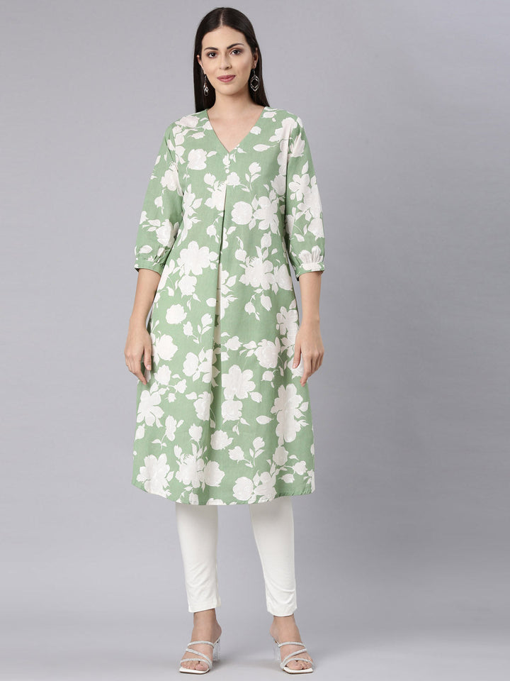 Neerus Green modal printed anarkali kurta - front view