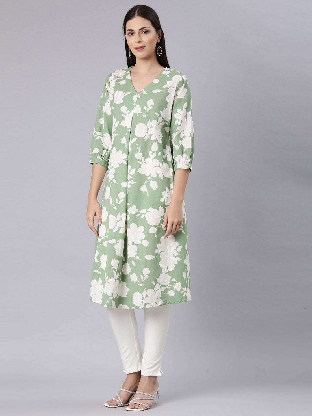 Neerus Green modal printed anarkali kurta - back view