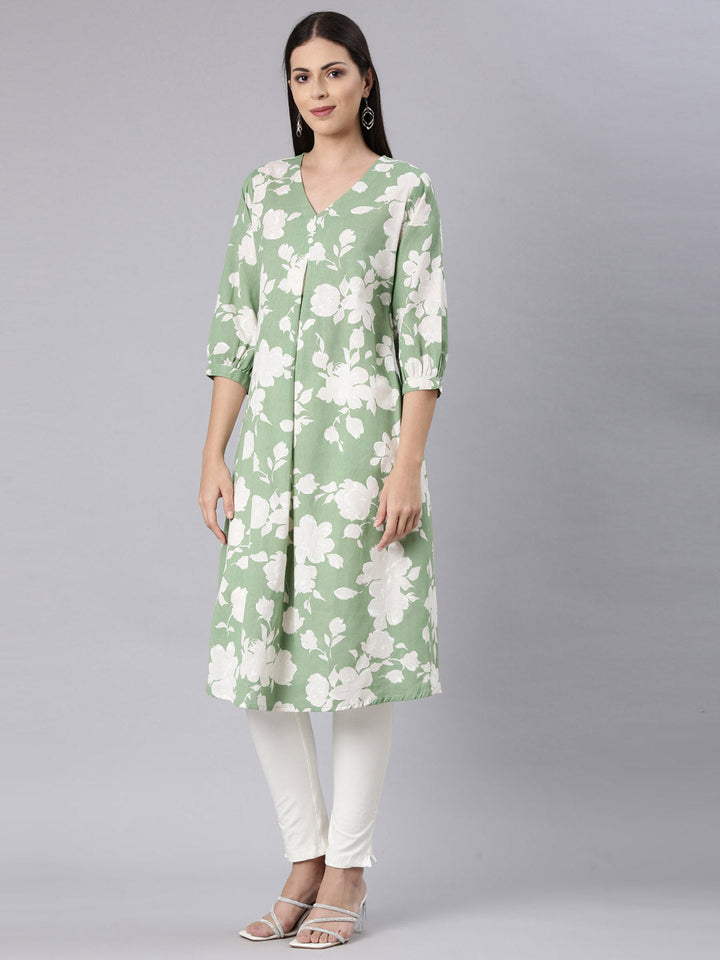 Neerus Green modal printed anarkali kurta - back view