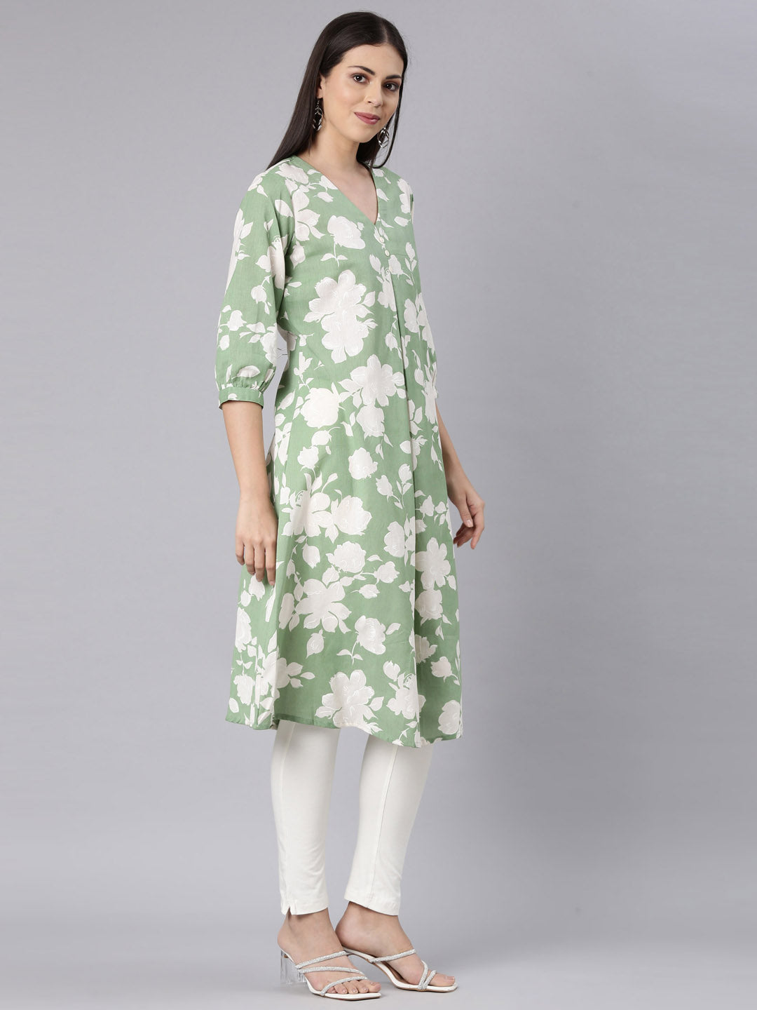 Neerus Green modal printed anarkali kurta - side view