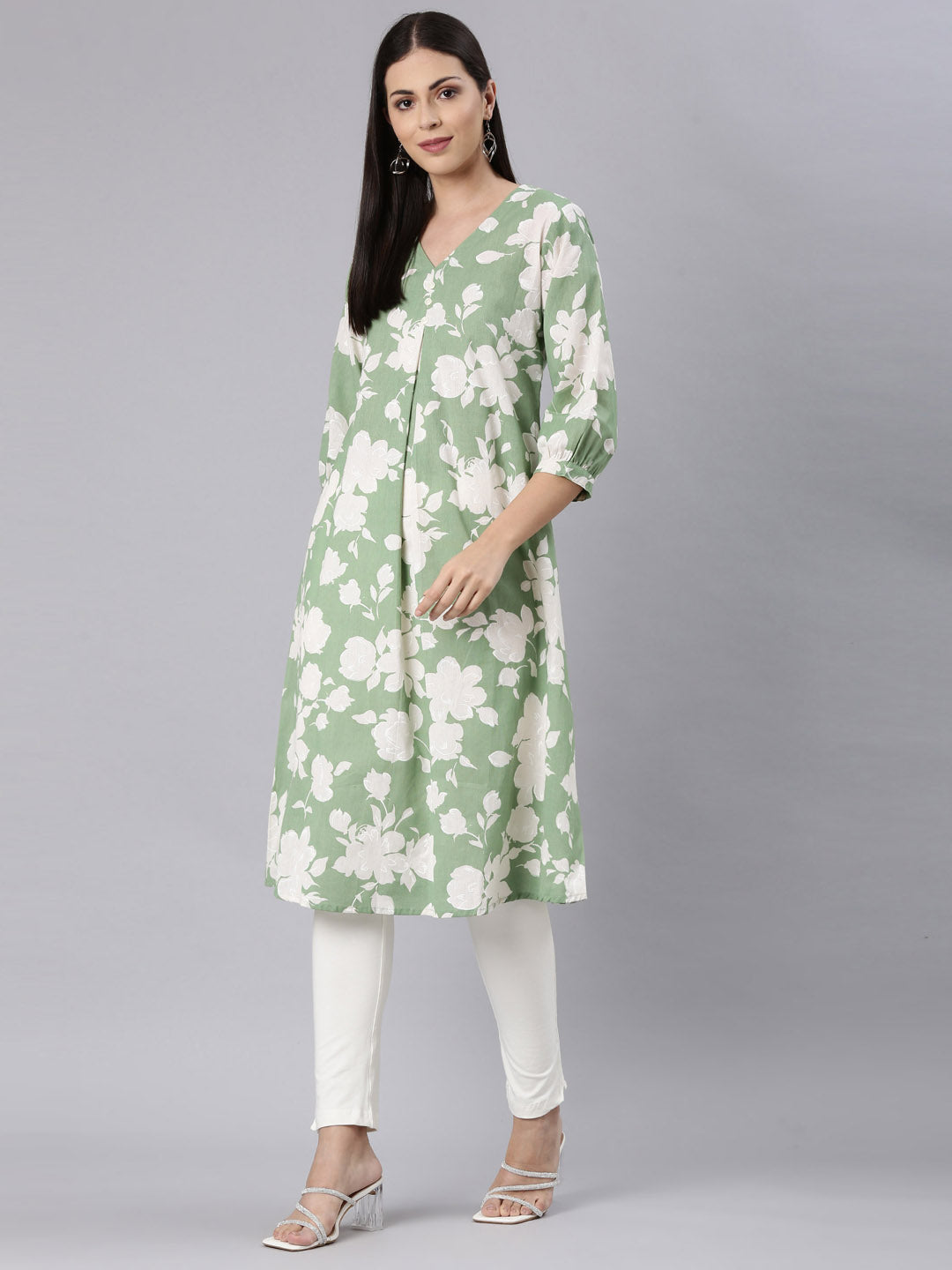 Neerus Green modal printed anarkali kurta - detail view 3