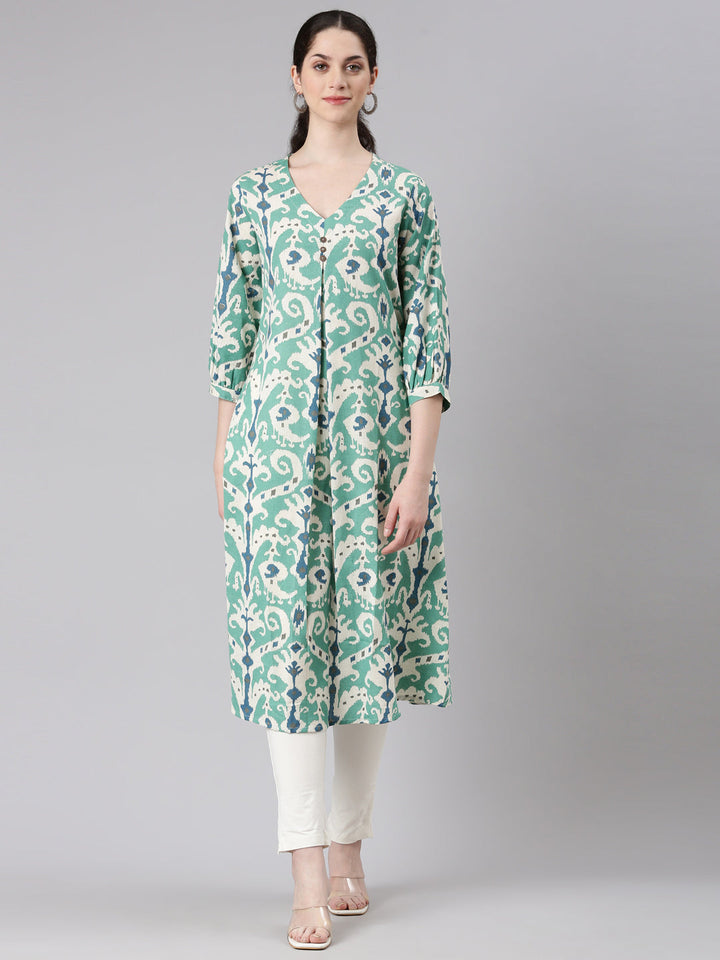 Neerus Green rayon printed curved kurti - front view