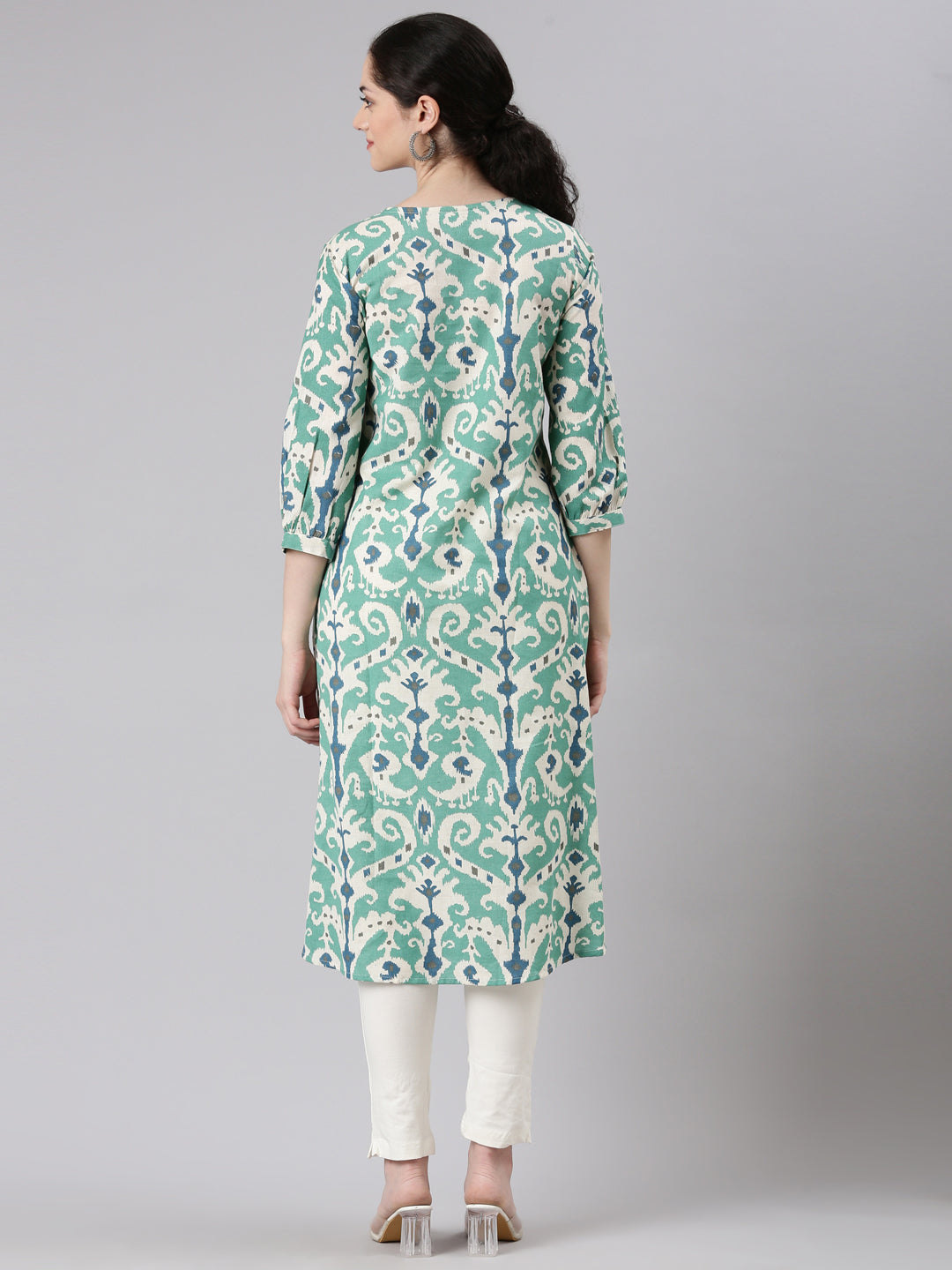 Neerus Green rayon printed curved kurti - side view