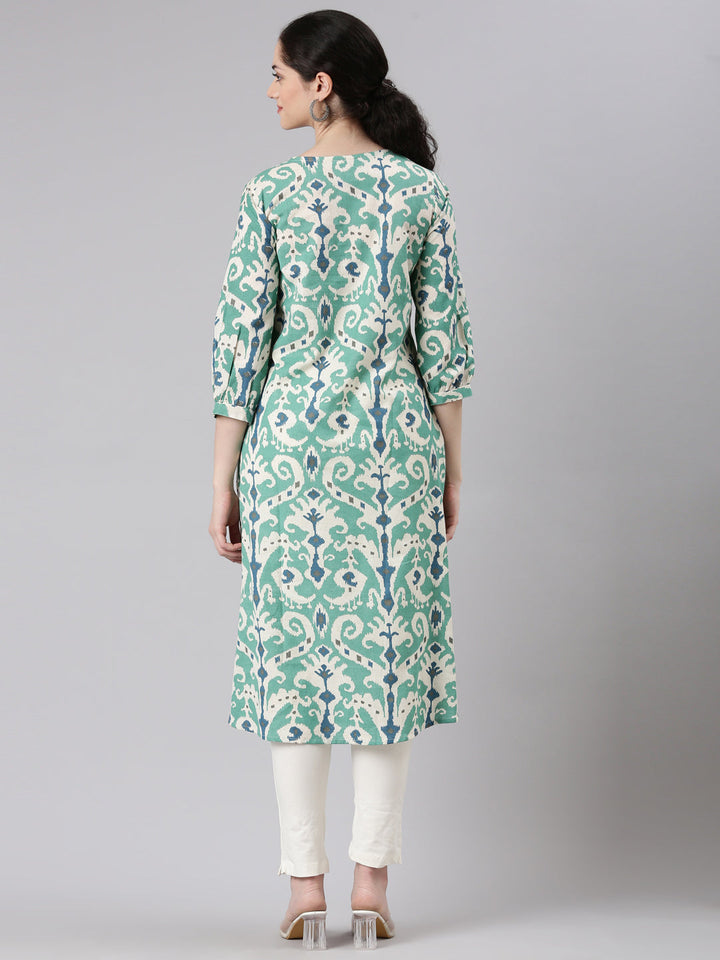 Neerus Green rayon printed curved kurti - side view