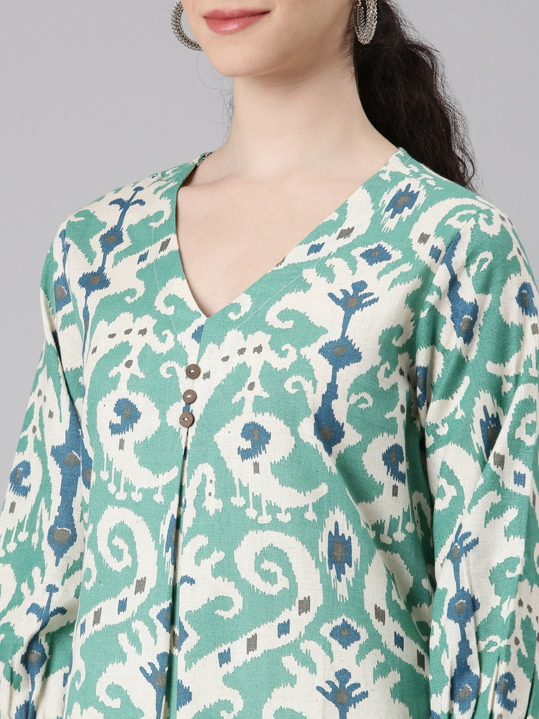 Neerus Green rayon printed curved kurti - detail view 1