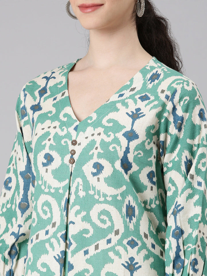 Neerus Green rayon printed curved kurti - detail view 1