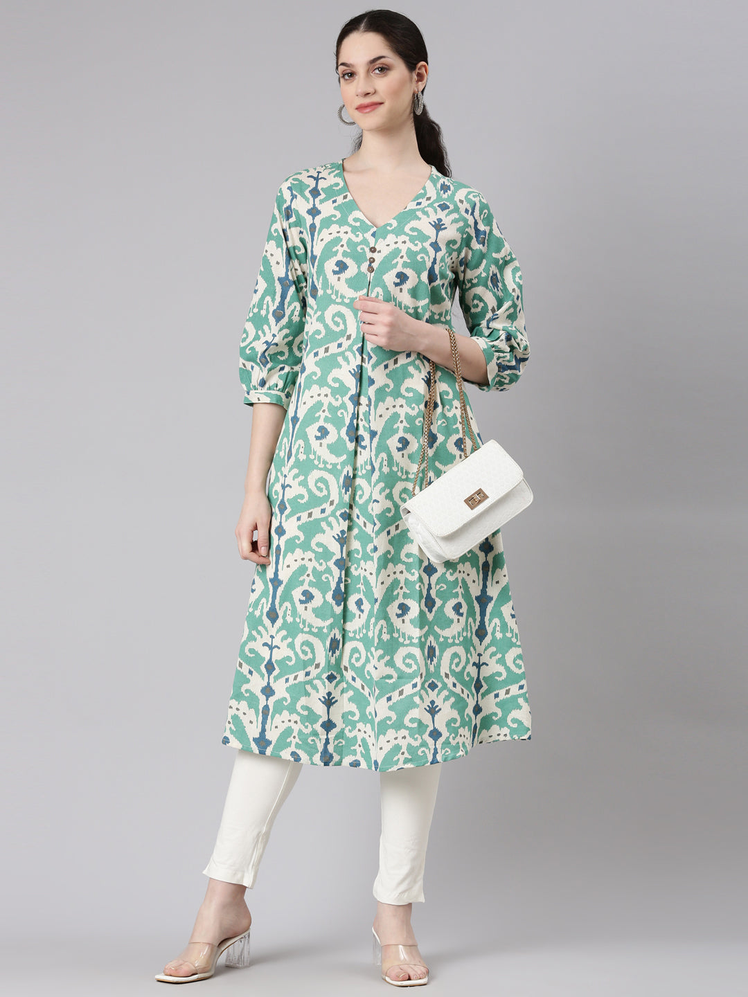 Neerus Green rayon printed curved kurti - detail view 2