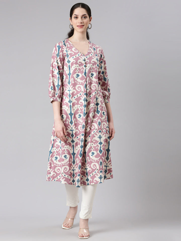 Neerus Purple viscose rayon printed kurta - front view