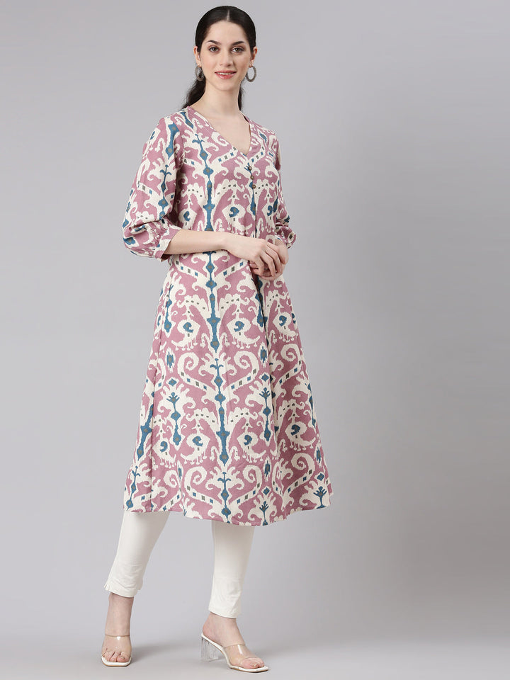 Neerus Purple viscose rayon printed kurta - back view