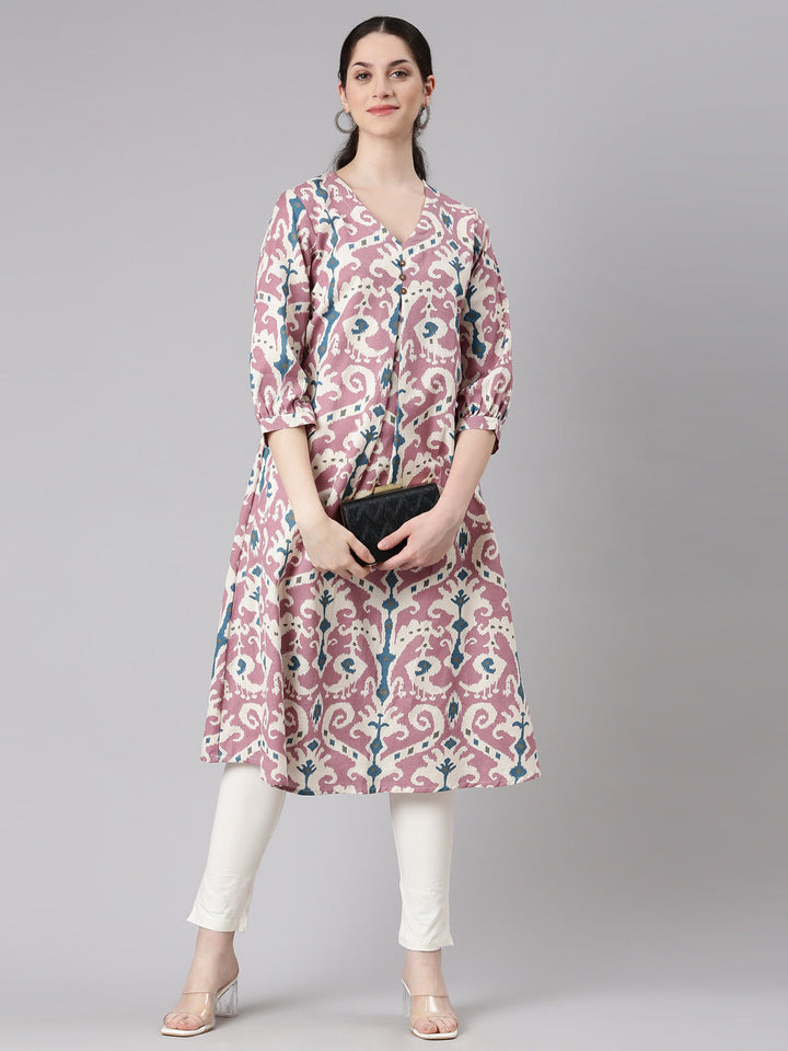 Neerus Purple viscose rayon printed kurta - detail view 2