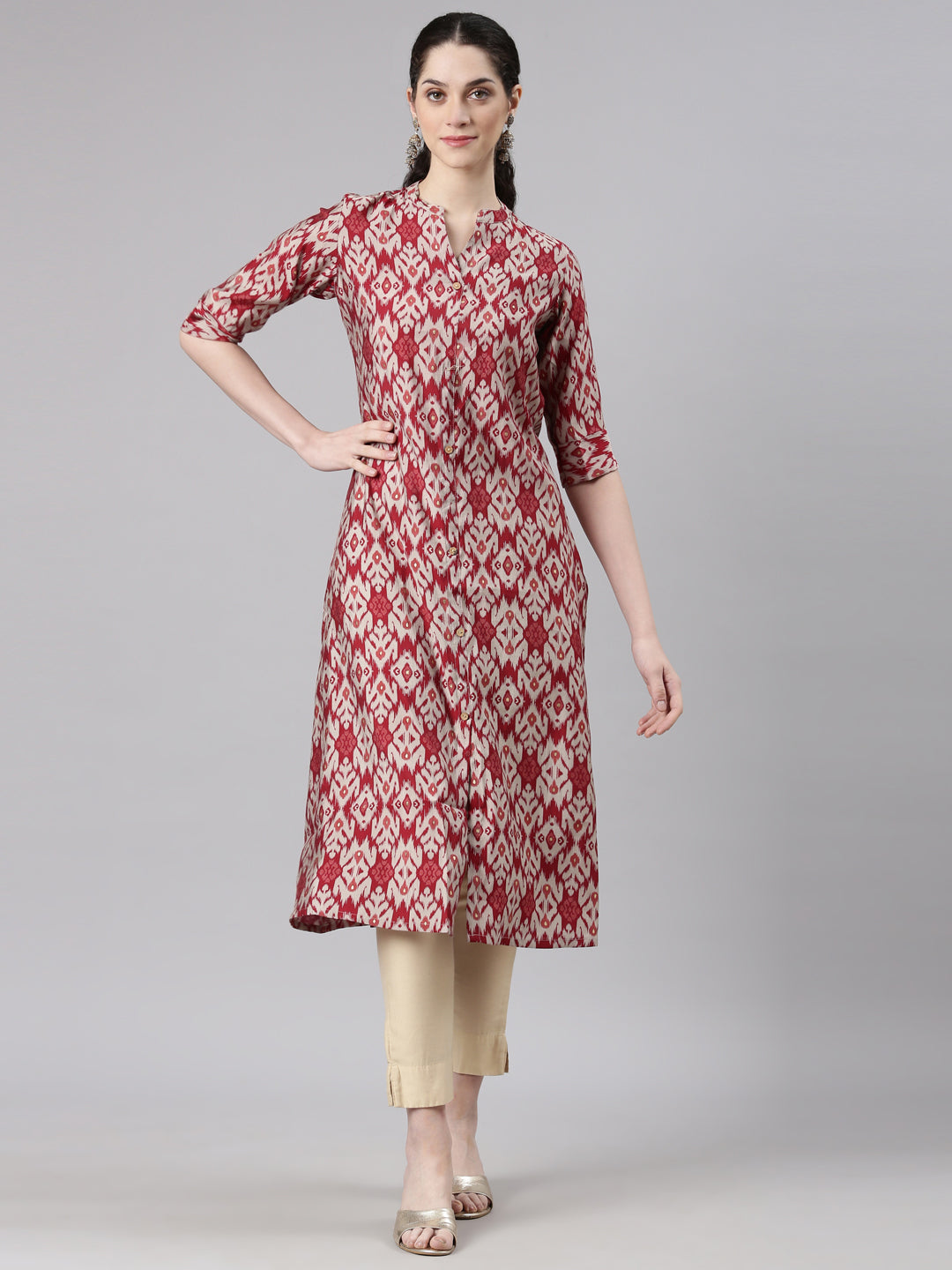 Neerus Maroon modal printed straight kurti - front view