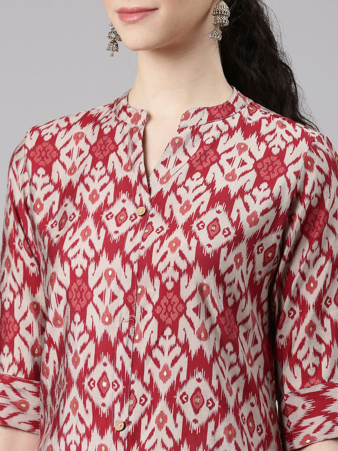 Neerus Maroon modal printed straight kurti - detail view 2