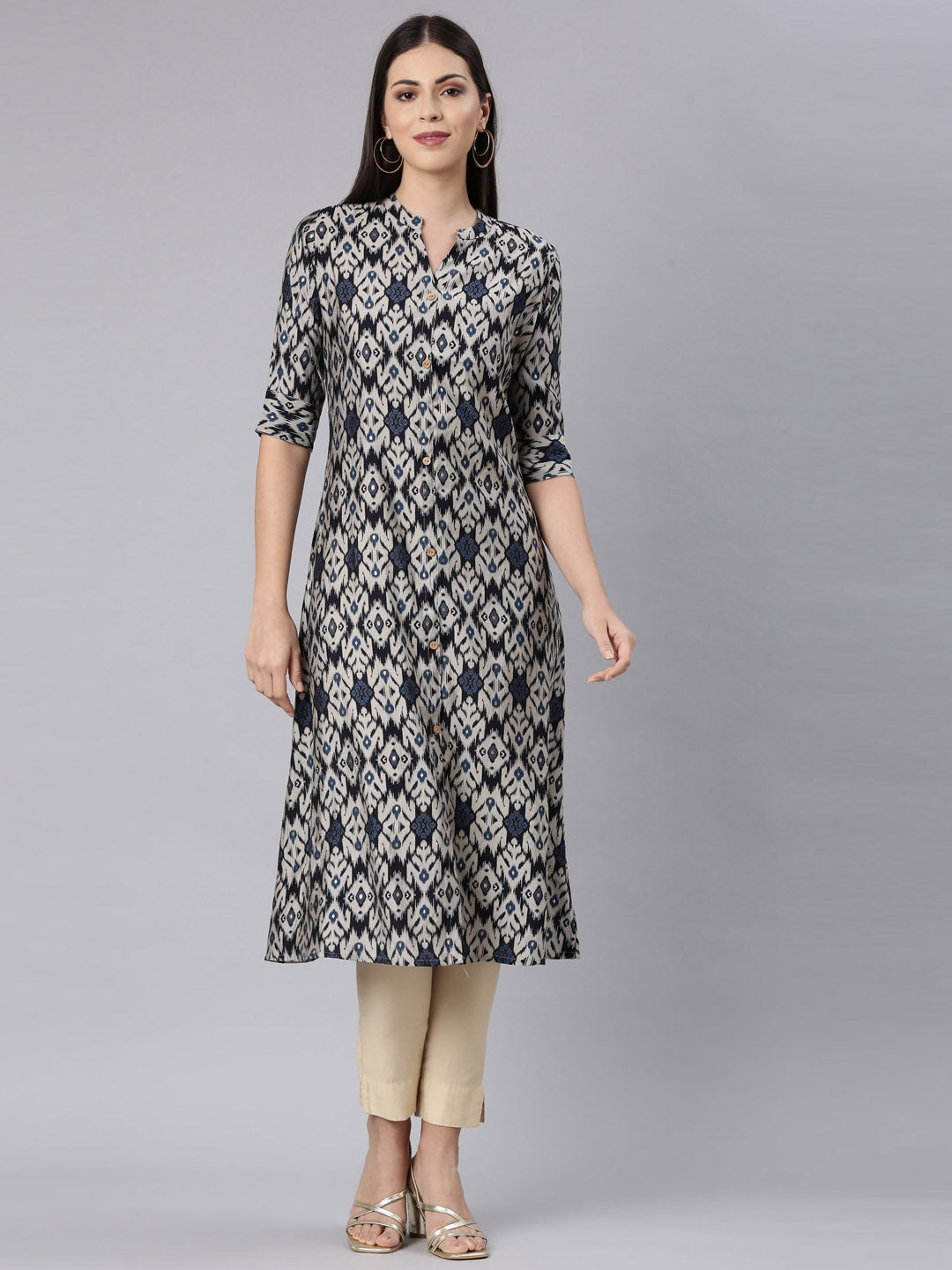 Neerus Blue modal printed anarkali kurti - front view