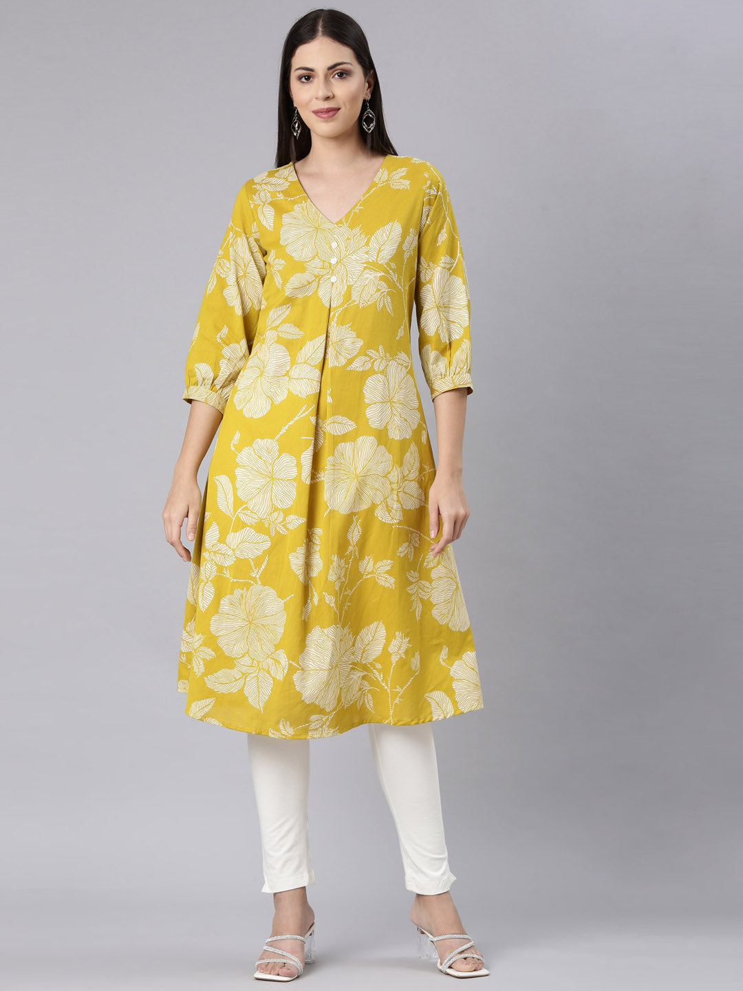 Neerus Green cotton printed anarkali kurta - front view
